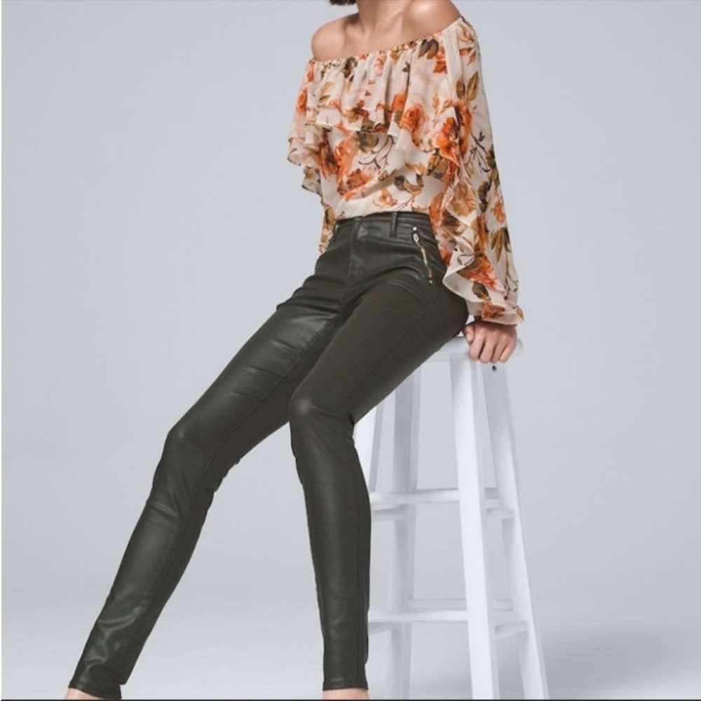 WHBM Mid-Rise Coated Moto Skinny Jeans - Army Green